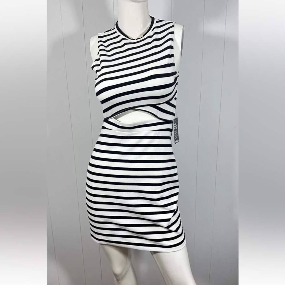Express Dress Black White Striped Sleeveless Bodycon Round Neck Zip Up Sz 2